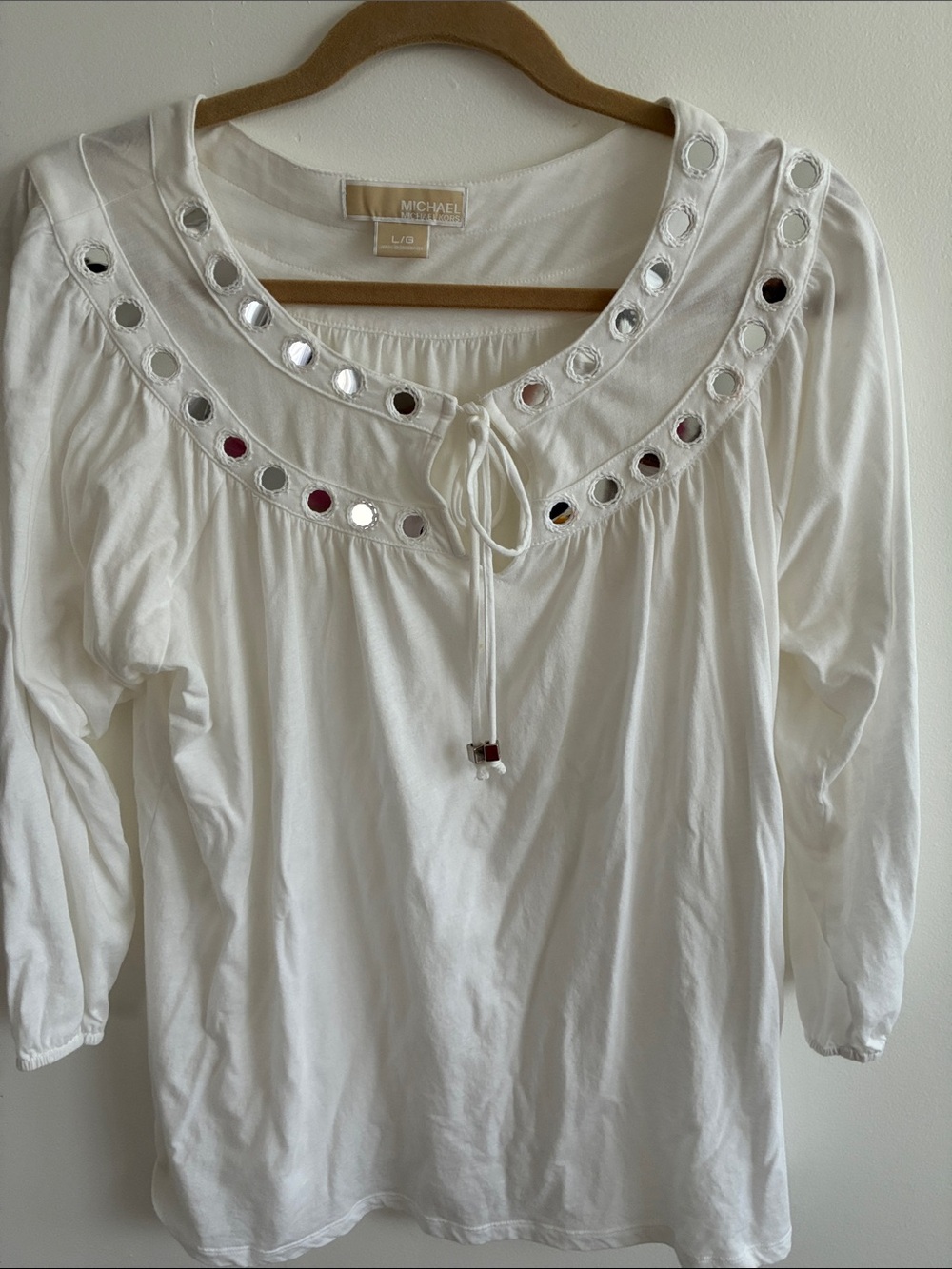 Michael Kors White Long-Sleeve Scoop Tie Top with Mirror Disc Trim